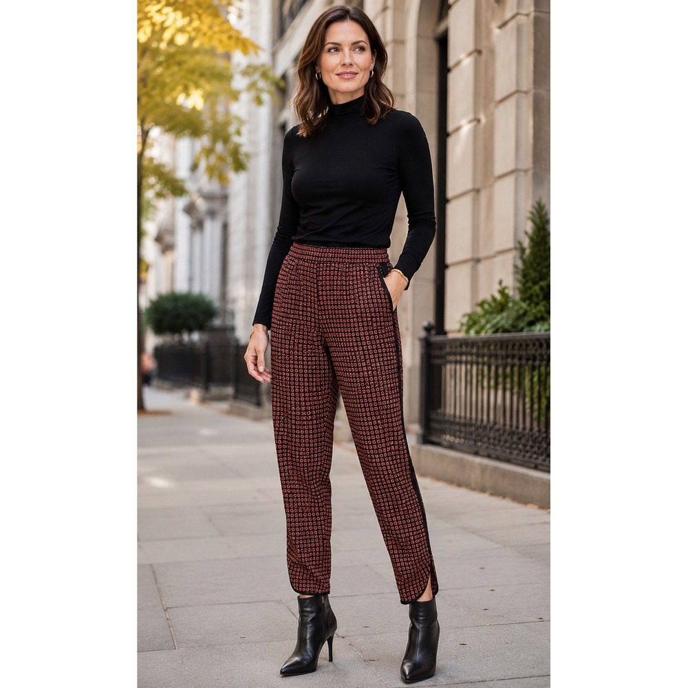 100% Silk Club Monaco Pants Geometric Square Print Tuxedo Stripe  Sz 2